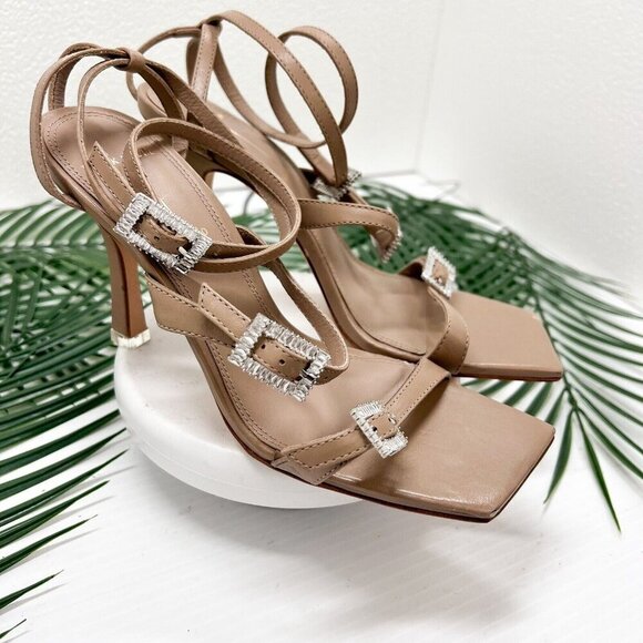 BLACK SUEDE STUDIO Livia Tan Leather Sandals With Crystal Buckles Size 37 - Picture 7 of 13